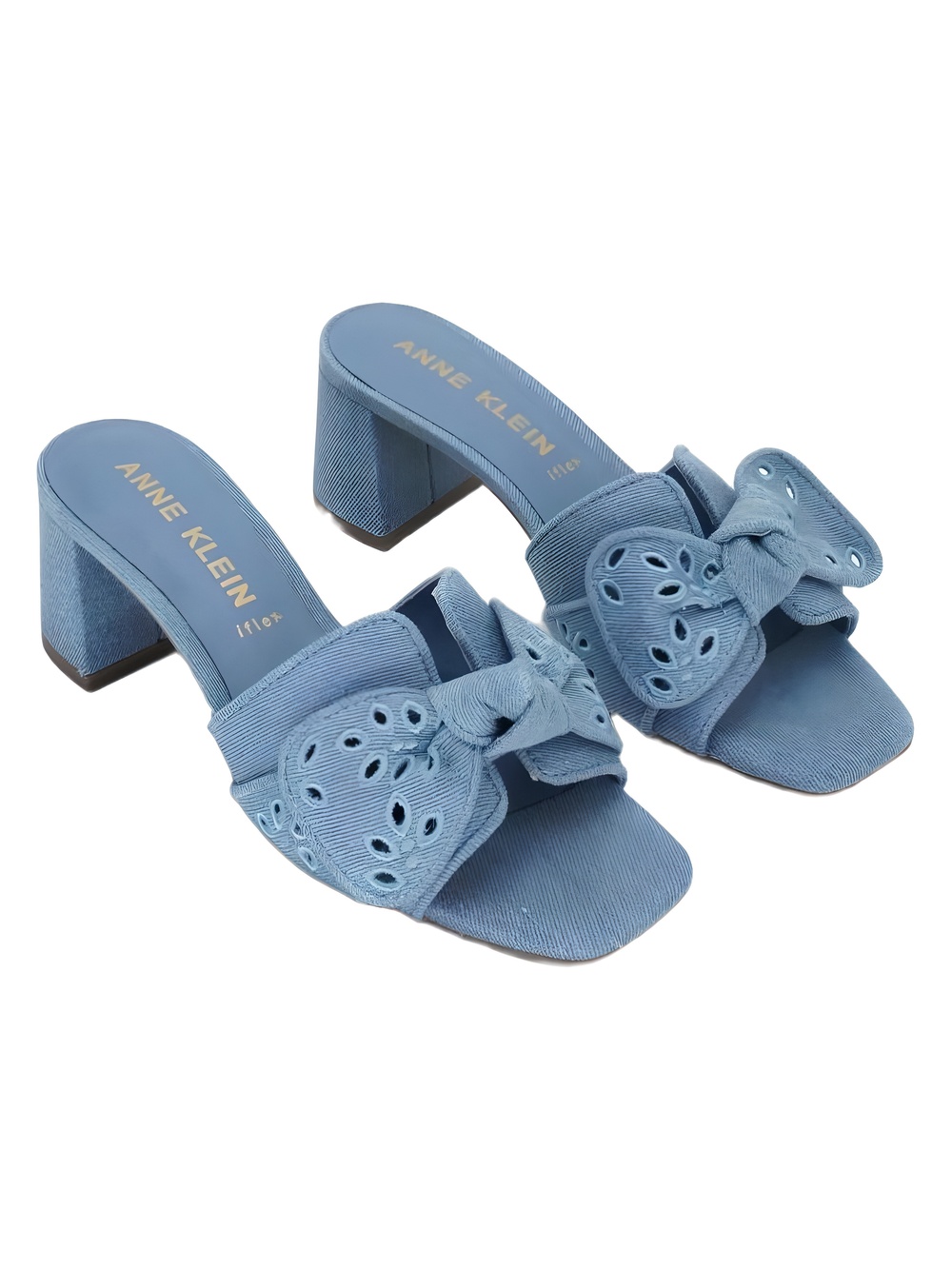 Anne Klein Kizmet Knot Denim Eyelet Block Heel Mule Sandals Size 7.5M